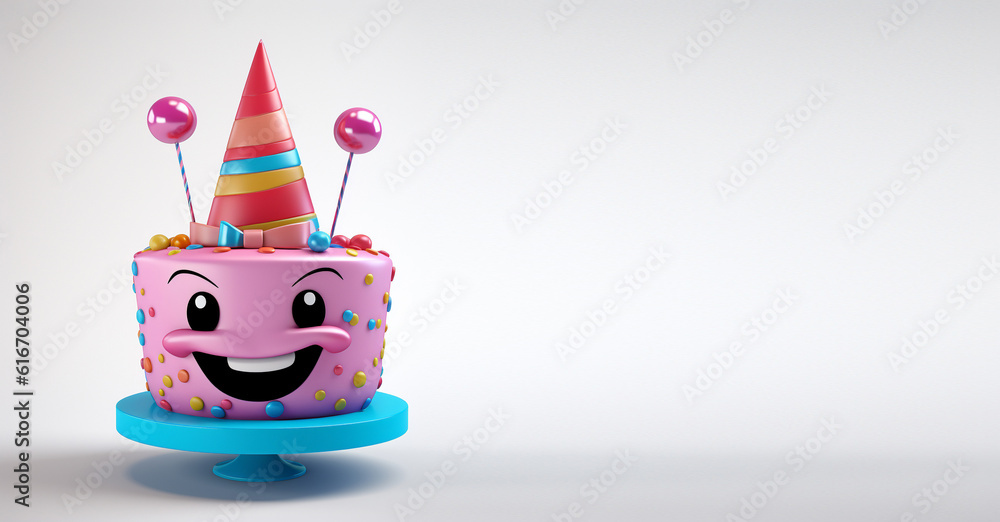 Fototapeta premium 3d Happy Birthday Cake with party hat on. Concept of birthday wishes. Emty copy space for text. Generative AI.