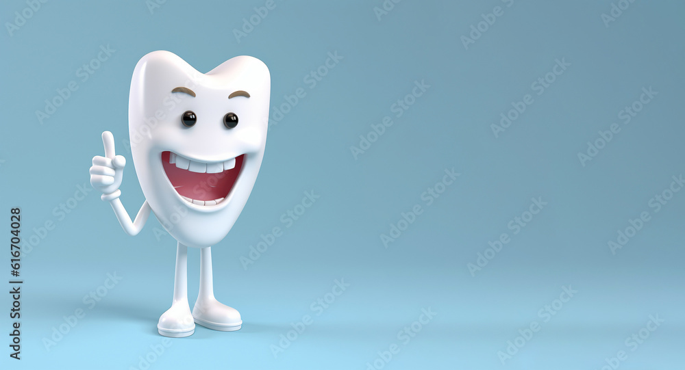Happy 3d Tooth Macot giving thumb up. Concept of Kids dentist. Empty copy space for your text. Generative Ai. Happy 3d Tooth Macot giving thumb up. Concept of Kids dentist. Empty copy space for your text. Generative Ai.