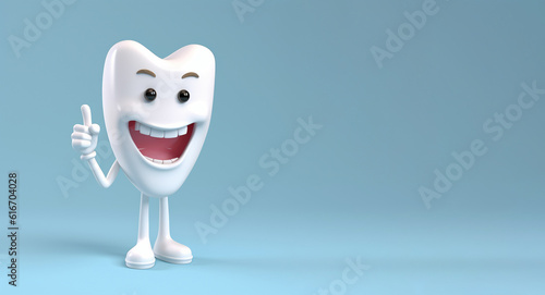 Happy 3d Tooth Macot giving thumb up. Concept of Kids dentist. Empty copy space for your text. Generative Ai. photo