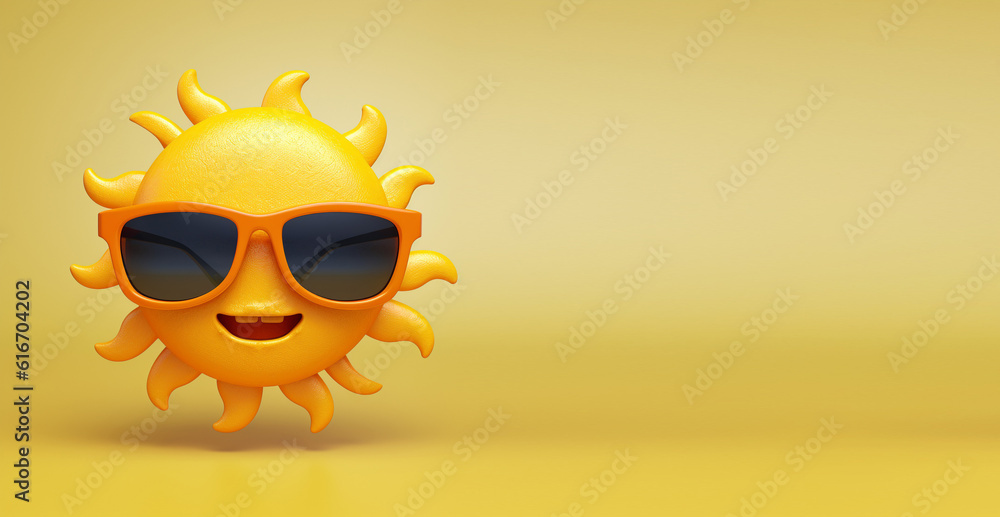 Happy 3d sun with sunglasses on. empty copy space banner. Generative AI. Happy 3d sun with sunglasses on. empty copy space banner. Generative AI.