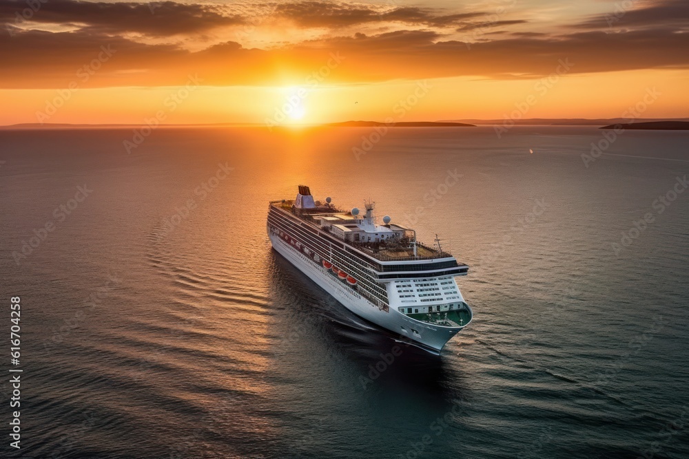 Aerial view of luxury white cruise ship in tropical sea. Beautiful sky, bright sunset over the horizon. The concept of summer cruise vacation and travel. 3D rendering.