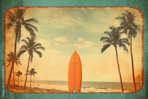 vintage surfer board with palm trees on a beach