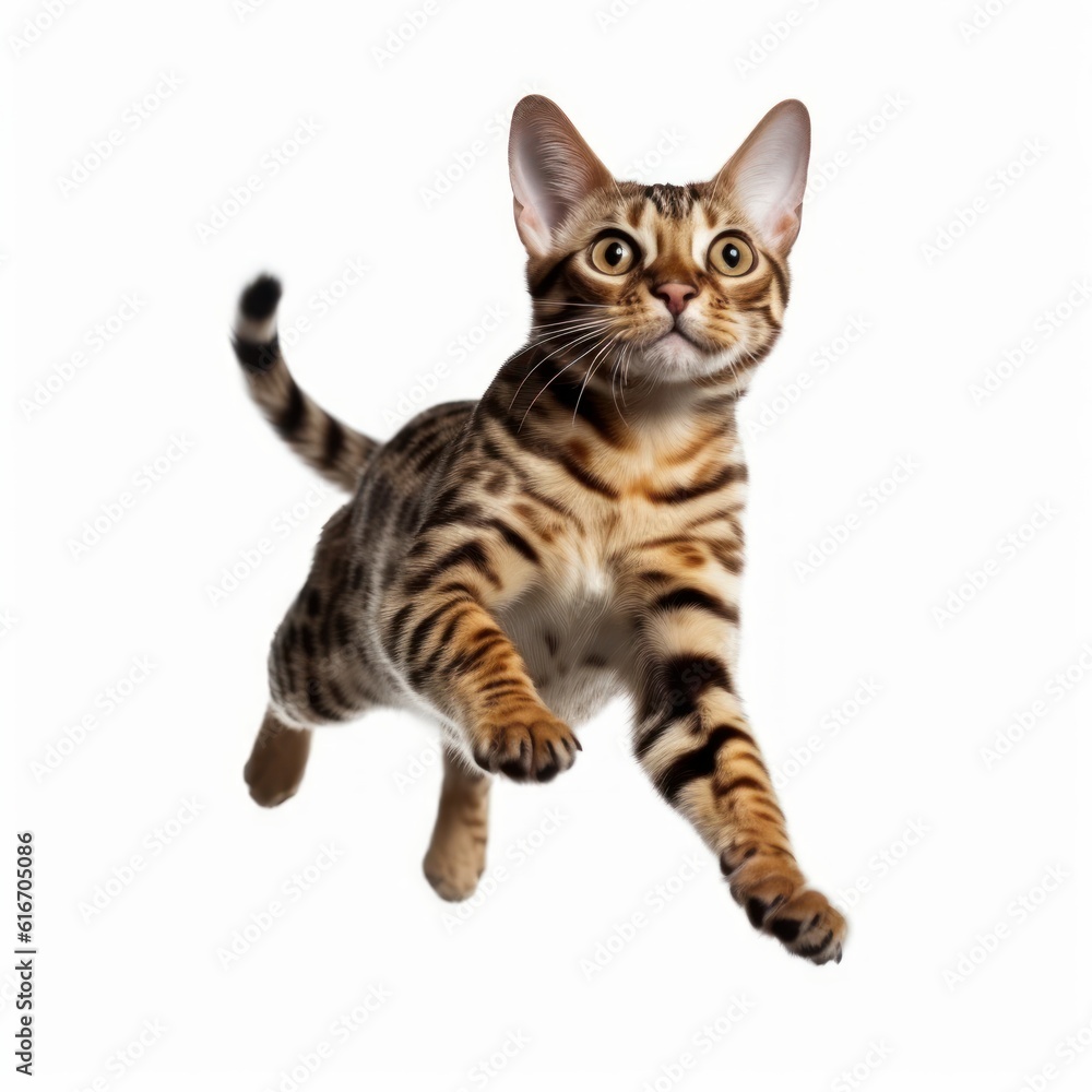 Jumping Bengal Cat. Isolated on Caucasian, White Background. Generative AI.