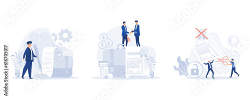 Businessman signing a contract, Business people standing on a signed contract. Cancellation of a contract. Businessman in workspace. set flat modern vector illustration