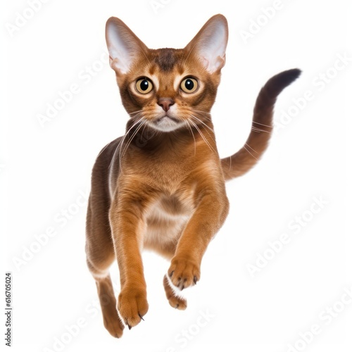 Jumping Abyssinian Cat. Isolated on Caucasian  White Background. Generative AI.