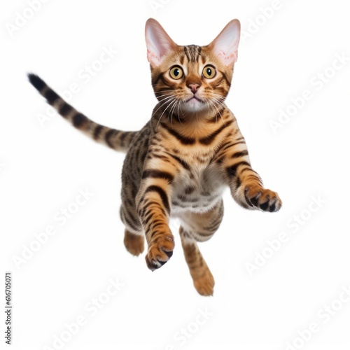 Jumping Bengal Cat. Isolated on Caucasian  White Background. Generative AI.