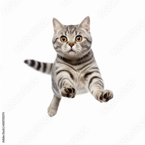 Jumping American Shorthair Cat. Isolated on Caucasian, White Background. Generative AI.