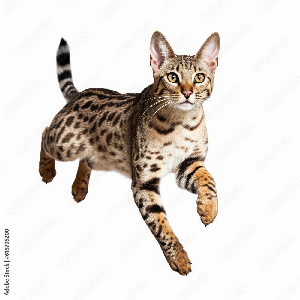 Jumping Savannah Cat. Isolated on Caucasian, White Background. Generative AI.