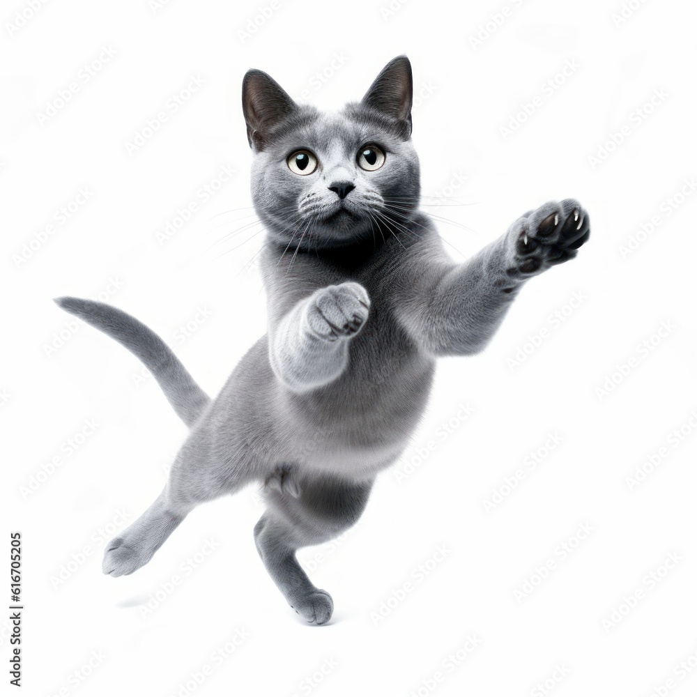 Jumping Russian Blue Cat. Isolated on Caucasian, White Background. Generative AI.