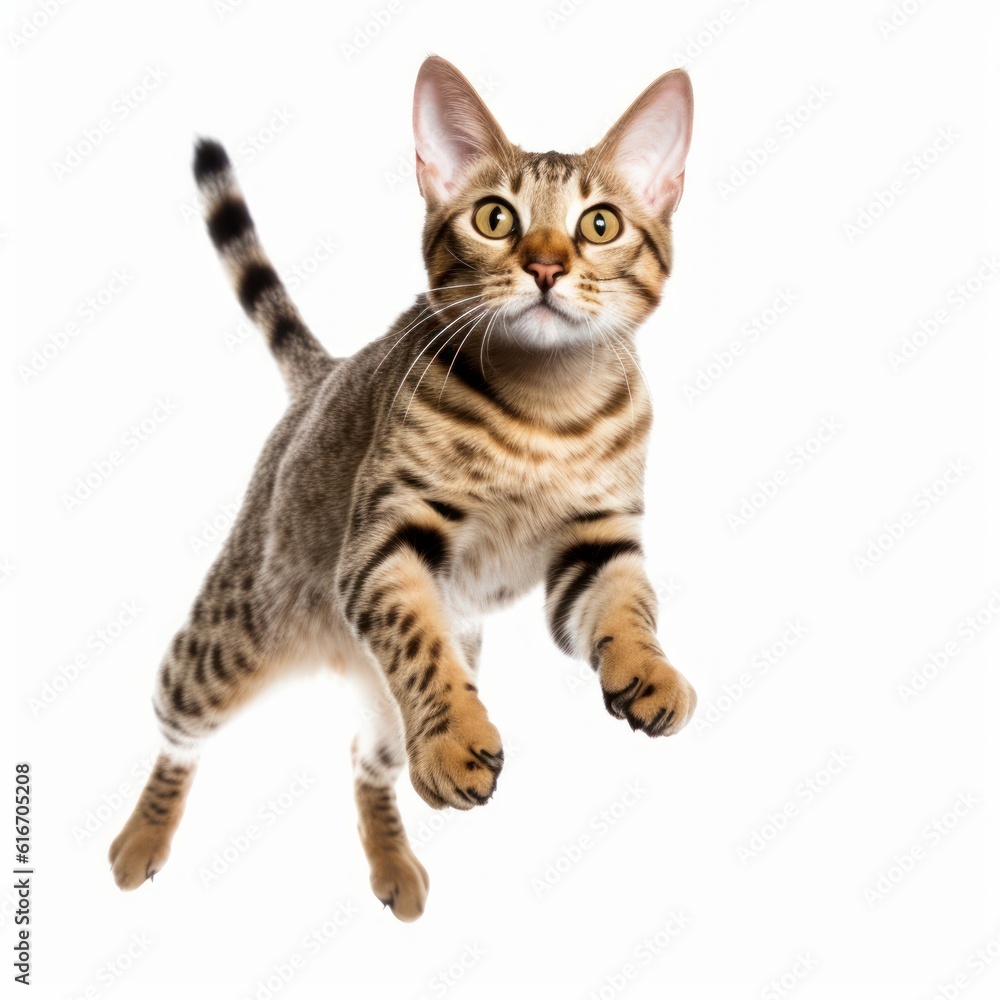 Jumping Savannah Cat. Isolated on Caucasian, White Background. Generative AI.