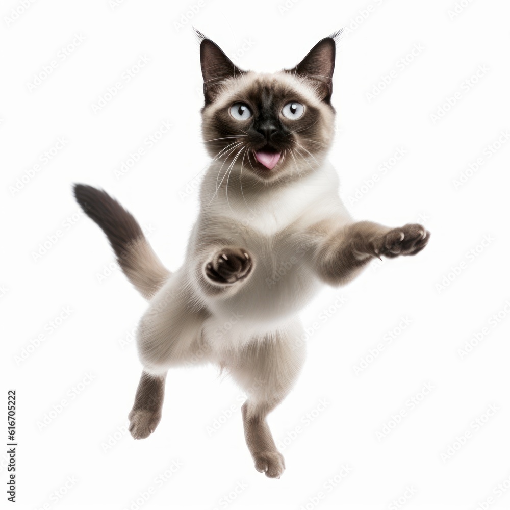 Jumping Siamese Cat. Isolated on Caucasian, White Background. Generative AI.