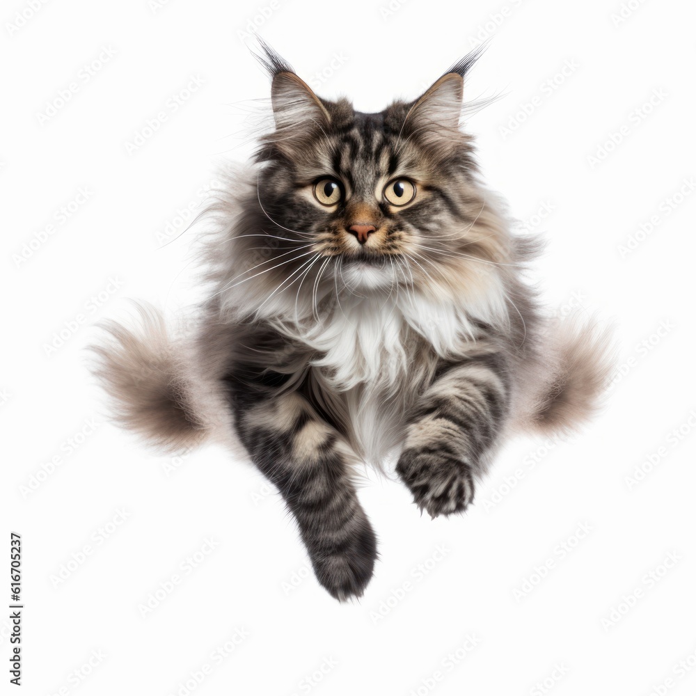 Jumping Norwegian Forest Cat. Isolated on Caucasian, White Background. Generative AI.