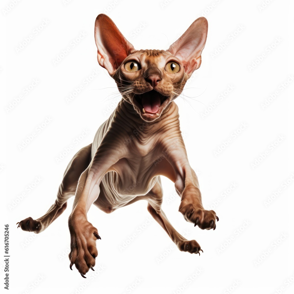 Jumping Sphynx Cat. Isolated on Caucasian, White Background. Generative AI.