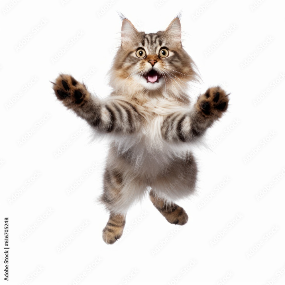 Jumping Siberian Cat. Isolated on Caucasian, White Background. Generative AI.