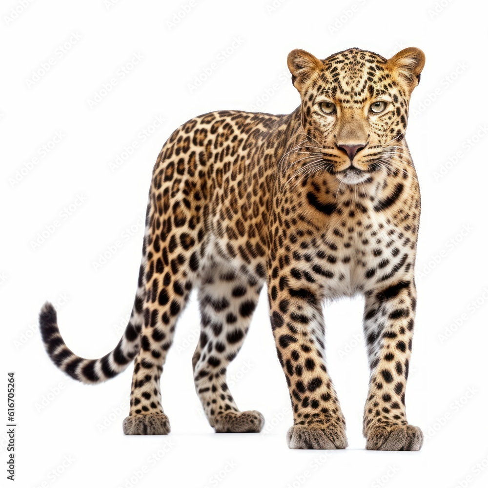 Leopard Savanna Animal. Isolated on White Background. Generative AI. Leopard Savanna Animal. Isolated on White Background. Generative AI.