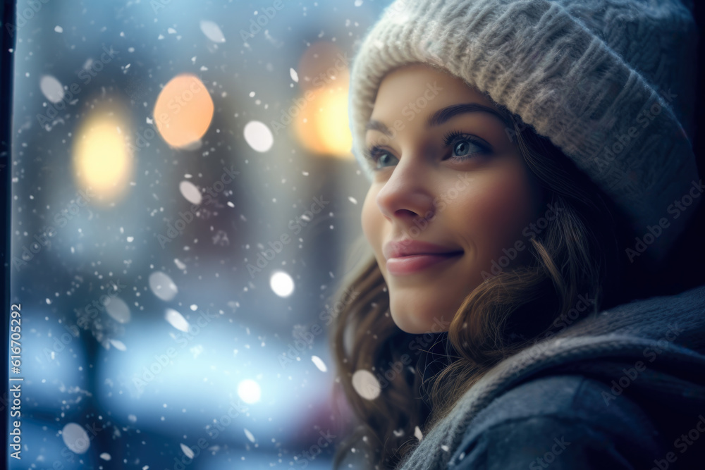Close up of a young woman contemplating a Christmas scene from her window. Generative AI Close up of a young woman contemplating a Christmas scene from her window. Generative AI