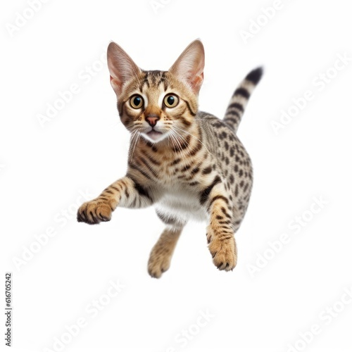 Jumping Savannah Cat. Isolated on Caucasian, White Background. Generative AI.