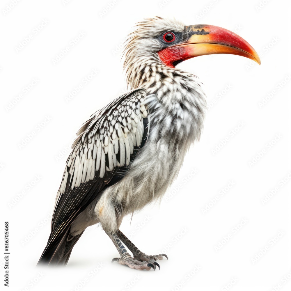 Obraz premium Red-Billed Hornbill Savanna Animal. Isolated on White Background. Generative AI.