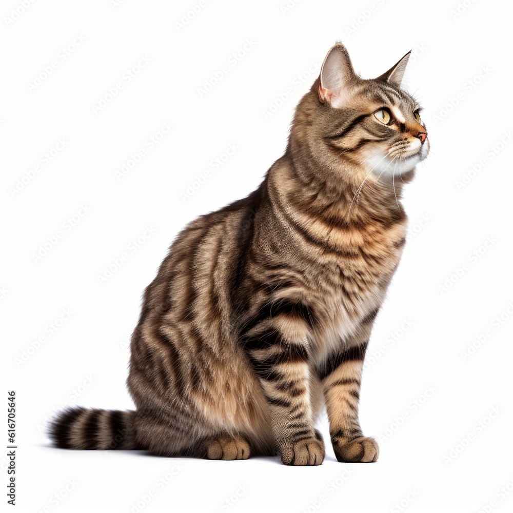 Sitting American Bobtail Cat. Isolated on Caucasian, White Background. Generative AI.