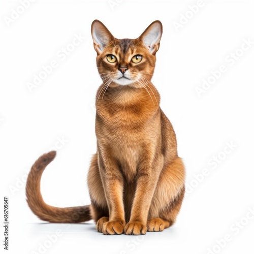 Sitting Abyssinian Cat. Isolated on Caucasian, White Background. Generative AI.