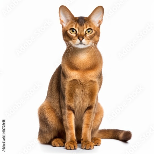 Sitting Abyssinian Cat. Isolated on Caucasian, White Background. Generative AI.
