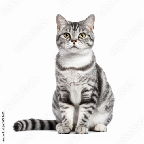 Sitting American Shorthair Cat. Isolated on Caucasian, White Background. Generative AI.