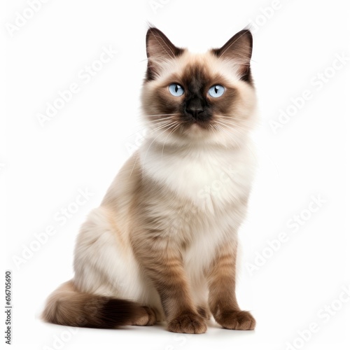 Sitting Balinese Cat. Isolated on Caucasian, White Background. Generative AI.