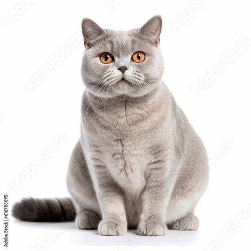 Sitting British Shorthair Cat. Isolated on Caucasian, White Background. Generative AI. © bomoge.pl