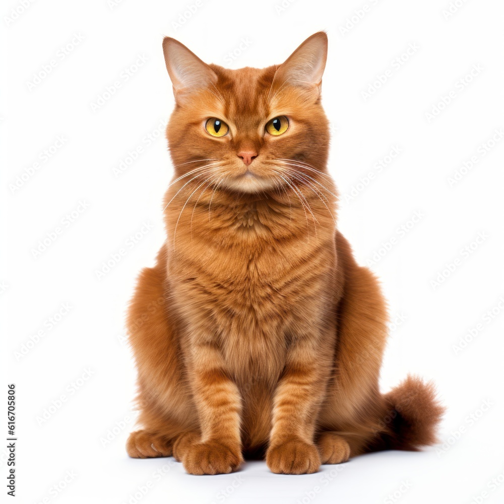 Sitting Havana Brown Cat. Isolated on Caucasian, White Background. Generative AI.