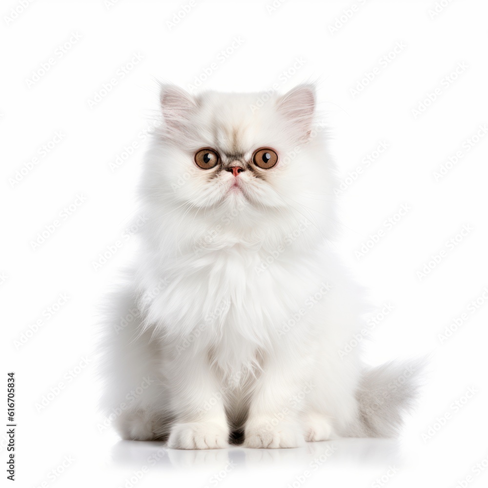Sitting Persian Cat. Isolated on Caucasian, White Background. Generative AI.