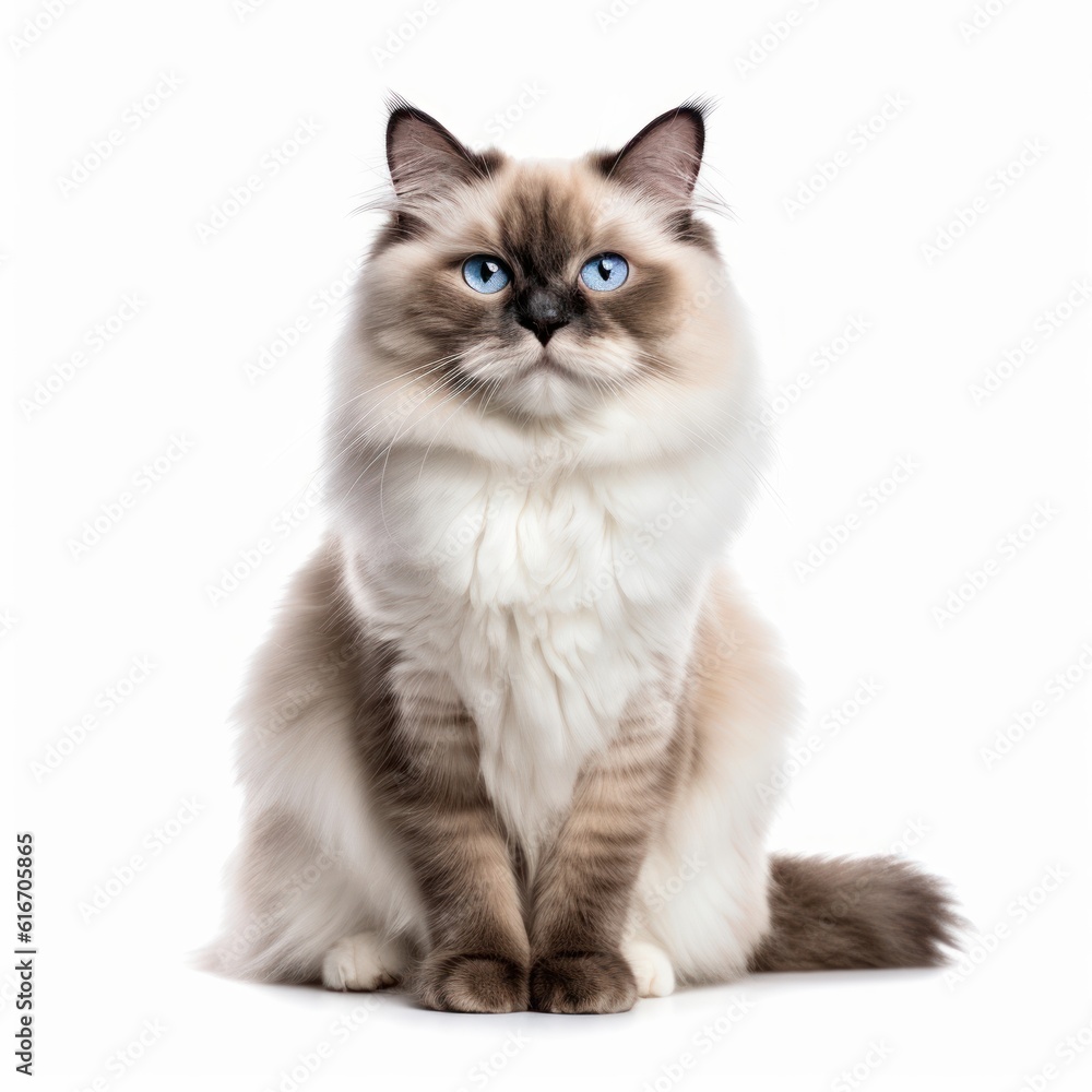 Sitting Ragdoll Cat. Isolated on Caucasian, White Background. Generative AI.