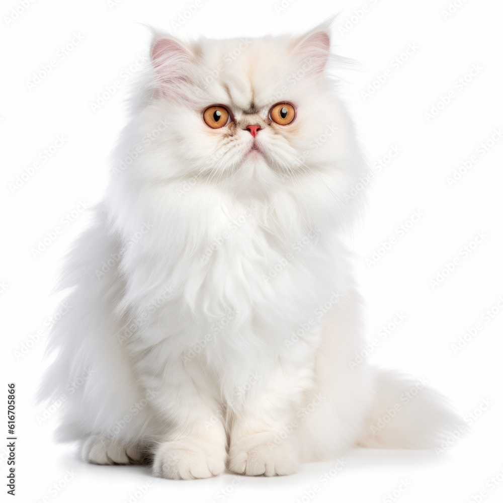 Sitting Persian Cat. Isolated on Caucasian, White Background. Generative AI.