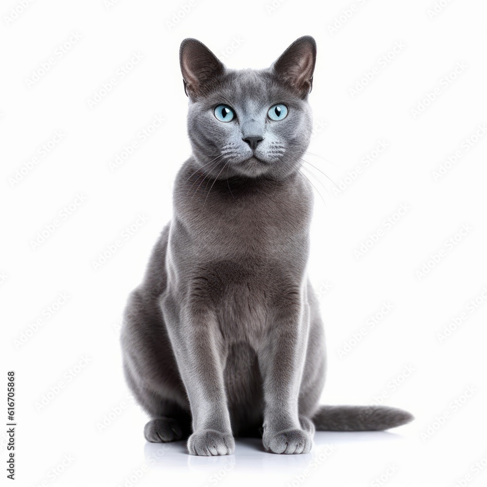 Sitting Russian Blue Cat. Isolated on Caucasian, White Background. Generative AI.