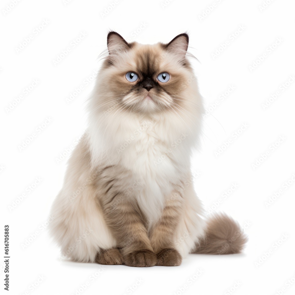 Sitting Himalayan Cat. Isolated on Caucasian, White Background. Generative AI.