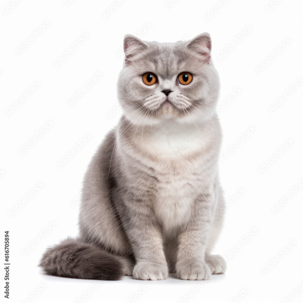 Sitting Scottish Fold Cat. Isolated on Caucasian, White Background. Generative AI. Sitting Scottish Fold Cat. Isolated on Caucasian, White Background. Generative AI.