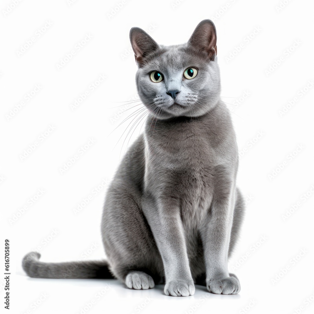 Sitting Russian Blue Cat. Isolated on Caucasian, White Background. Generative AI.