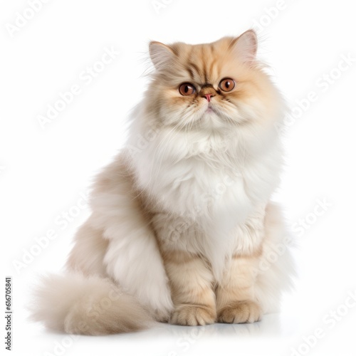 Sitting Persian Cat. Isolated on Caucasian, White Background. Generative AI.