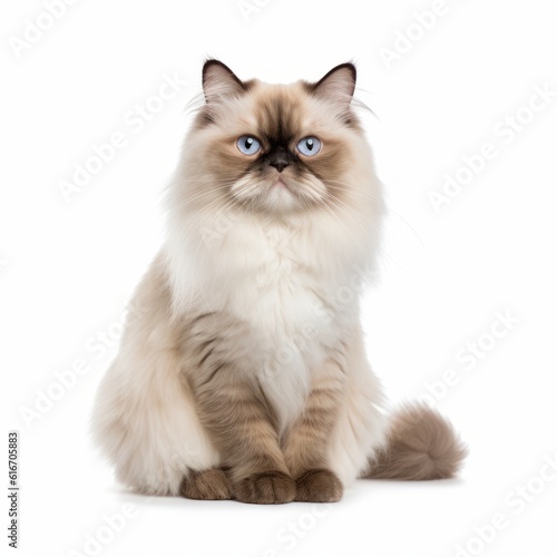 Sitting Himalayan Cat. Isolated on Caucasian, White Background. Generative AI.