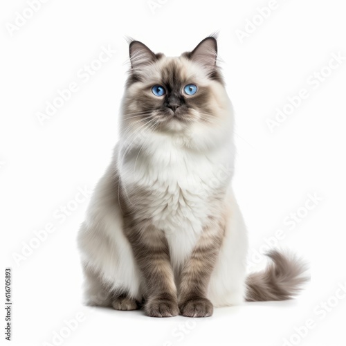 Sitting Ragdoll Cat. Isolated on Caucasian, White Background. Generative AI.