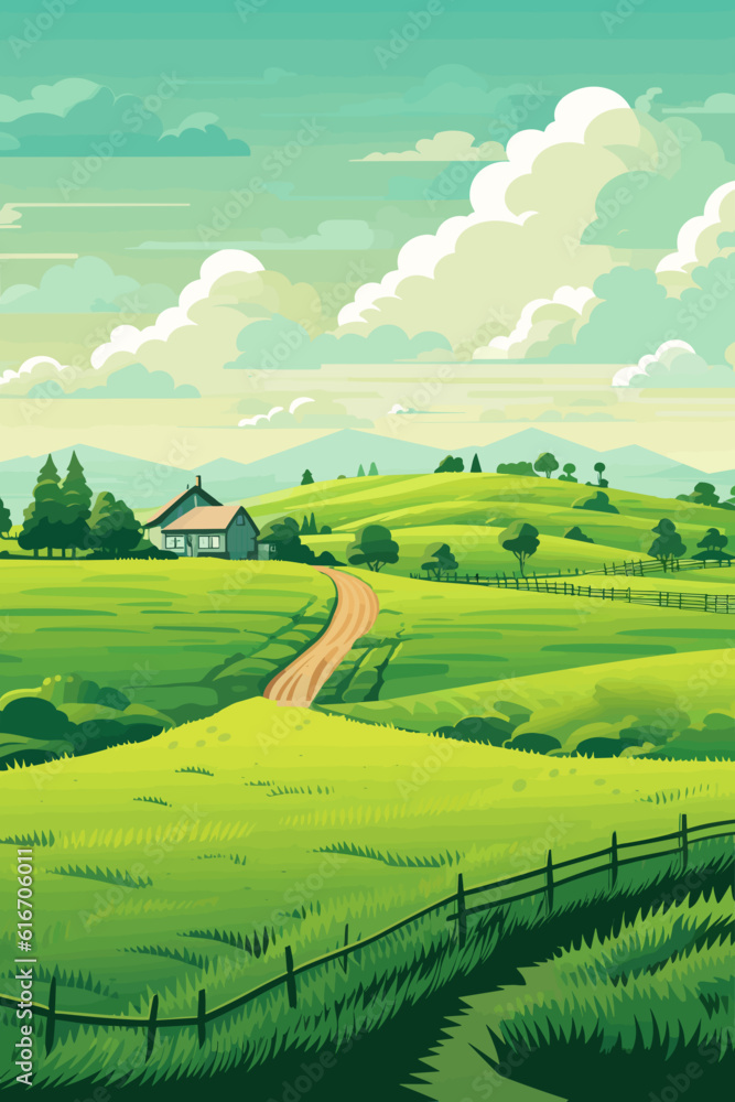 Fototapeta premium Lndscape with green fields and blue sky.