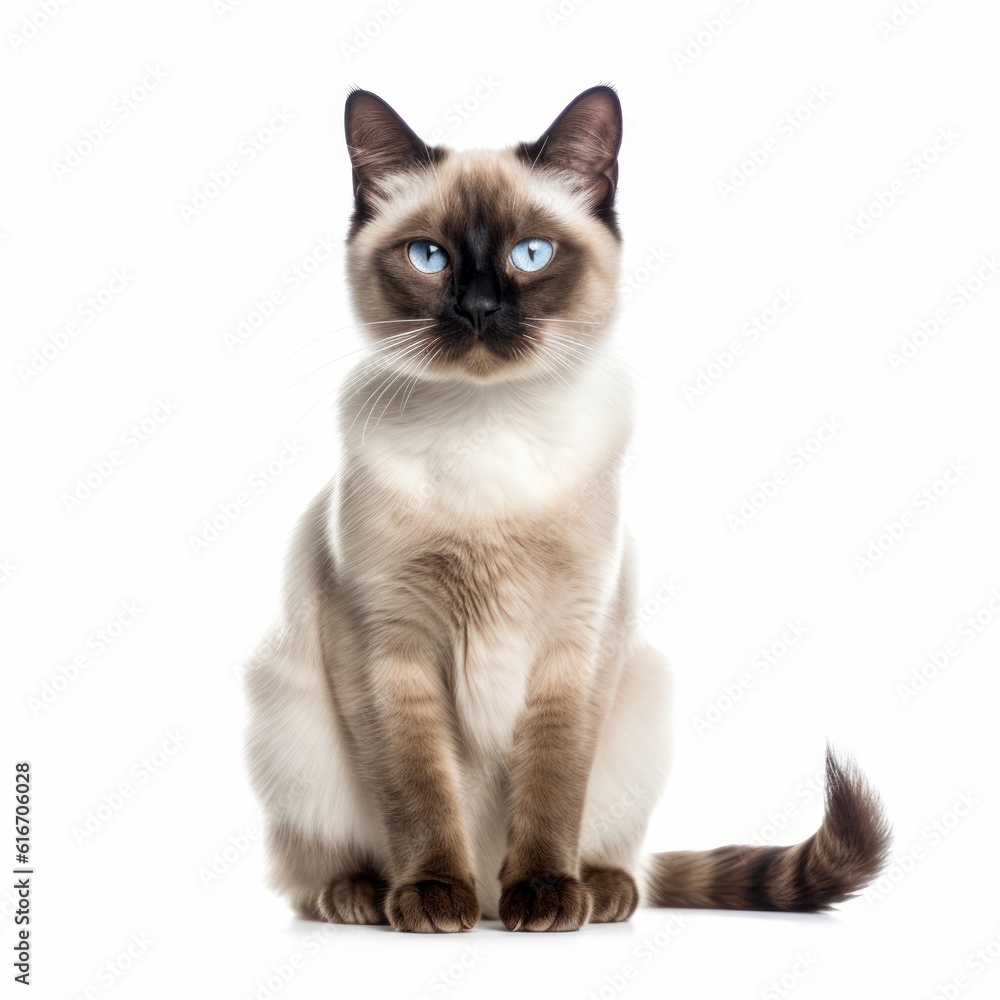 Sitting Siamese Cat. Isolated on Caucasian, White Background. Generative AI.