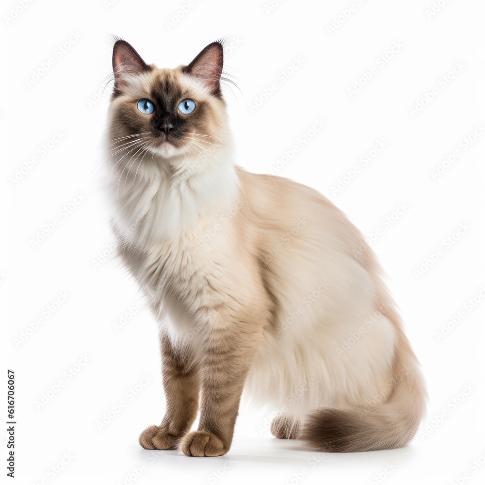 Standing Balinese Cat. Isolated on Caucasian, White Background. Generative AI.