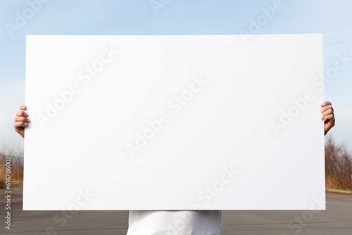 Closeup of a person holding up a big white empty sign - mockup template for product placement or advertisement created using generative AI tools