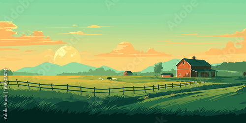 Lndscape with green fields and blue sky.