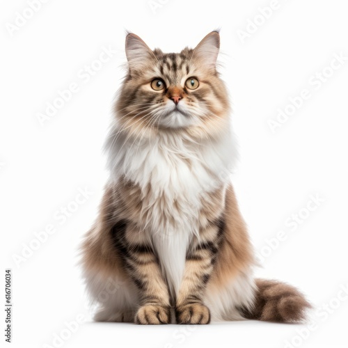 Sitting Siberian Cat. Isolated on Caucasian, White Background. Generative AI.