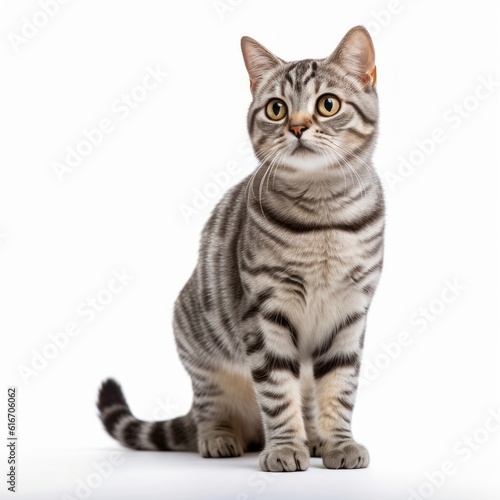 Standing American Shorthair Cat. Isolated on Caucasian, White Background. Generative AI.