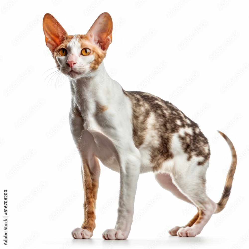 Standing Cornish Rex Cat. Isolated on Caucasian, White Background. Generative AI.