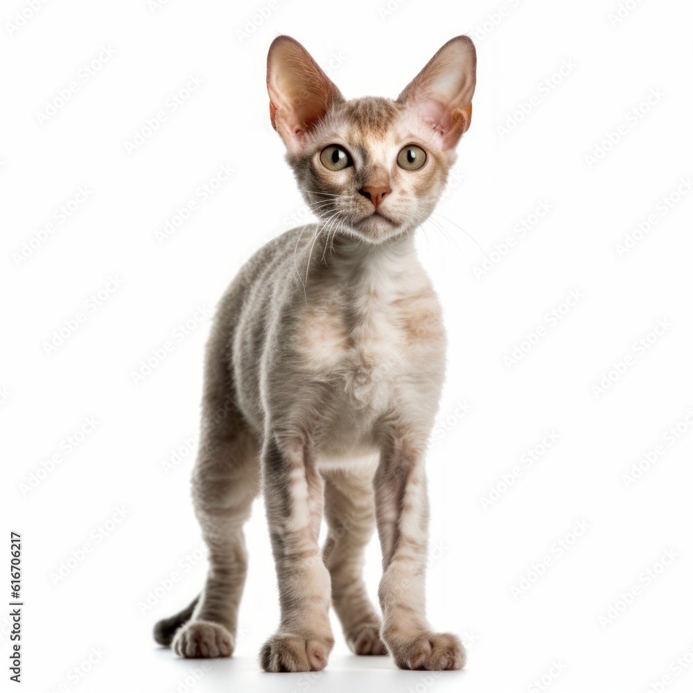Standing Devon Rex Cat. Isolated on Caucasian, White Background. Generative AI. Standing Devon Rex Cat. Isolated on Caucasian, White Background. Generative AI.