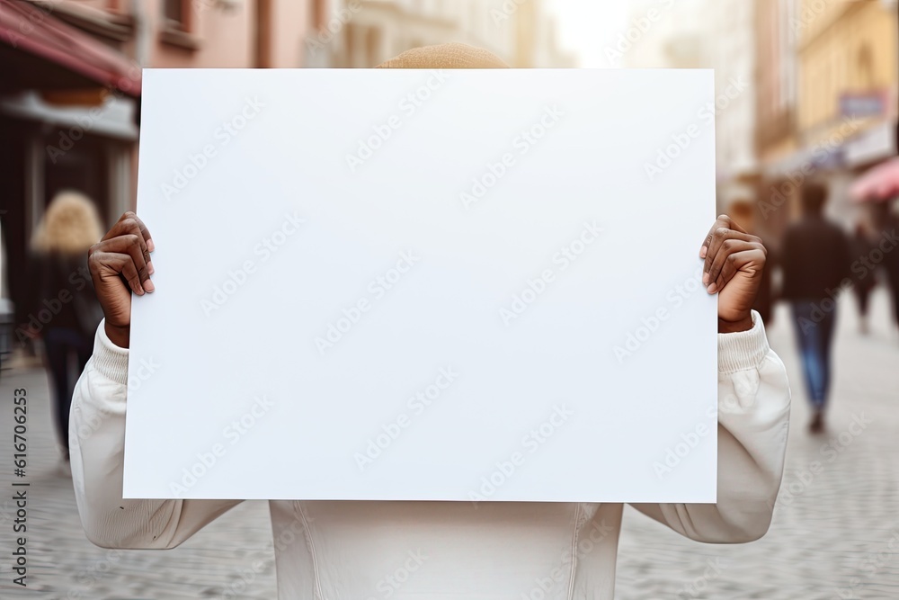Closeup of a person holding up a big white empty sign - mockup template for product placement or advertisement created using generative AI tools Closeup of a person holding up a big white empty sign - mockup template for product placement or advertisement created using generative AI tools