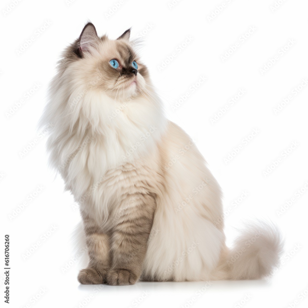 Standing Himalayan Cat. Isolated on Caucasian, White Background. Generative AI.